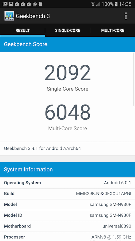 Note 7 的 GeekBench 測試軟體跑分成績