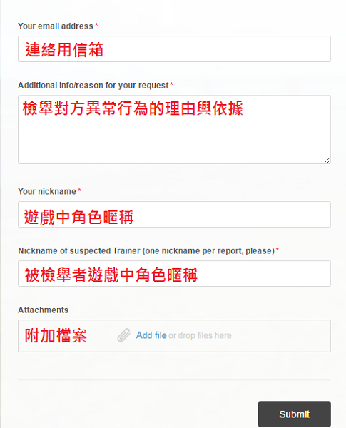 《Pokémon Go》官方提供的檢舉申請文件(圖/Niantic)