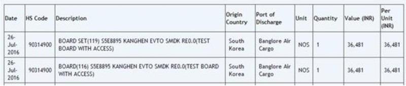 先前曝光在印度 Zauba 進出口追蹤網站的 Exynos 8895 處理器訊息（第一則代號為 S5E8895）（圖片來源／擷取自 Zauba）