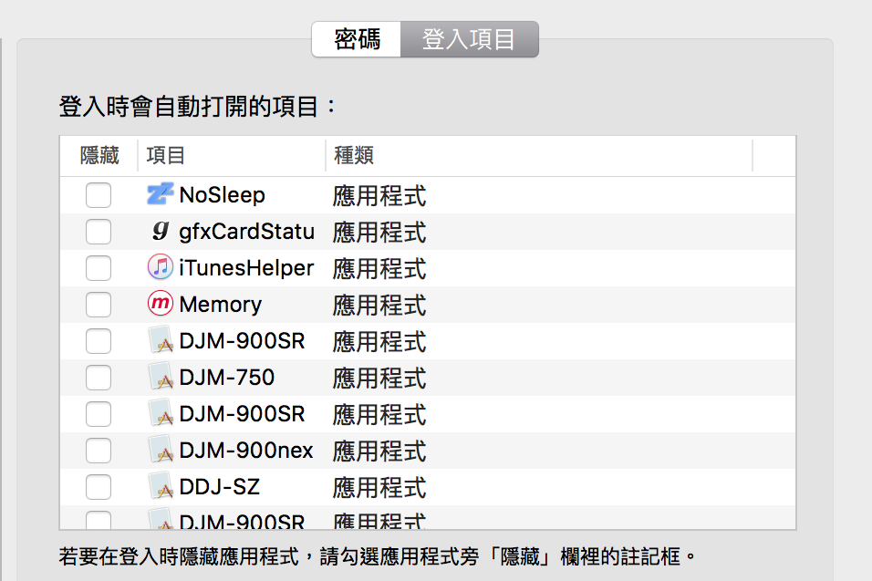 選擇系統偏好設定->使用者與群組->登入項目,用新增(+)或移除(-)可以自由的決定開機後電腦要運行什麼 App。(圖片來源/小編的電腦)