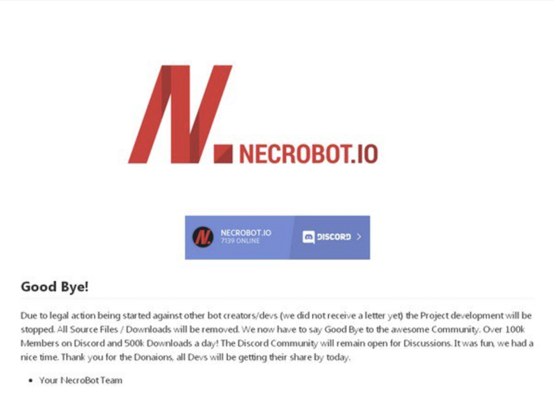 知名的外掛程式 《Necrobot》在撤除程式前,揭露了驚人的外掛下載量!(圖片來源/擷取自 Necrobot 官網)