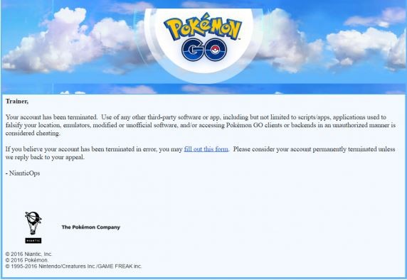 近日《Pokémon Go》開始向違規玩家寄出「永久停權通知」,告知使用者「你被停權了」(圖/Pokémon Go)