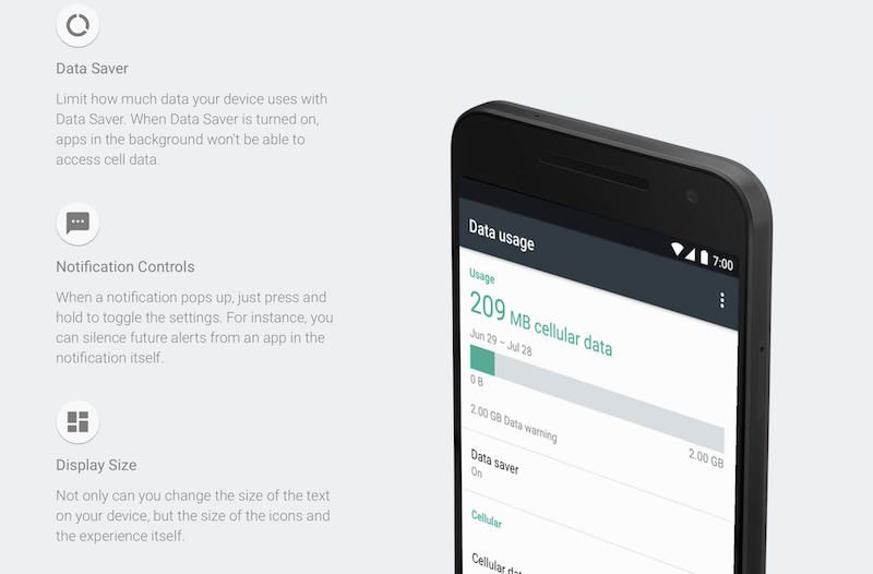 新版的 Android 7.0 作業系統在流量、電力管制上都有做出新的設計（圖片來源／擷取自 Android 官網） 