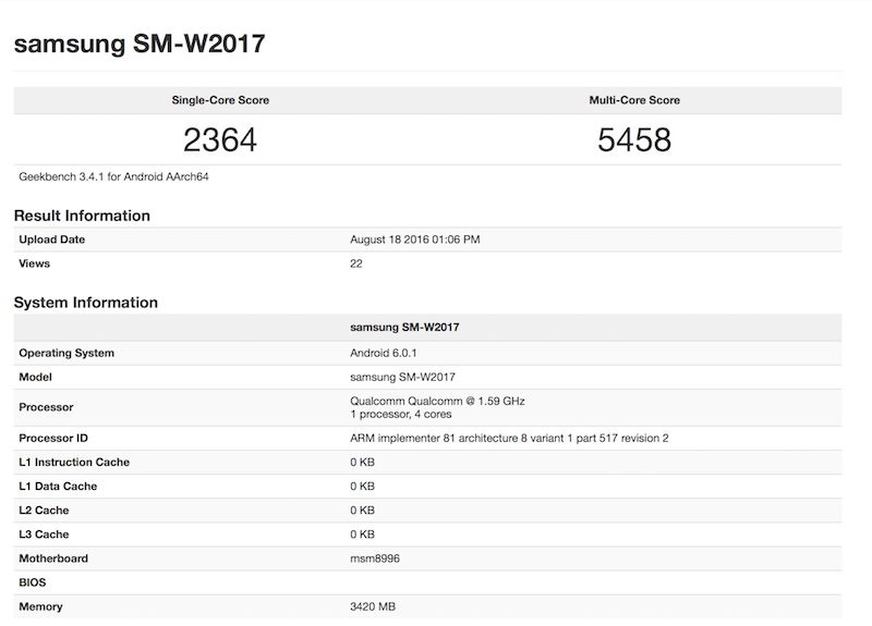 三星新款摺疊機  SM-W2017 的硬體規格與 GeekBench  硬體跑分(圖片來源/擷取自 GeekBench 網站)