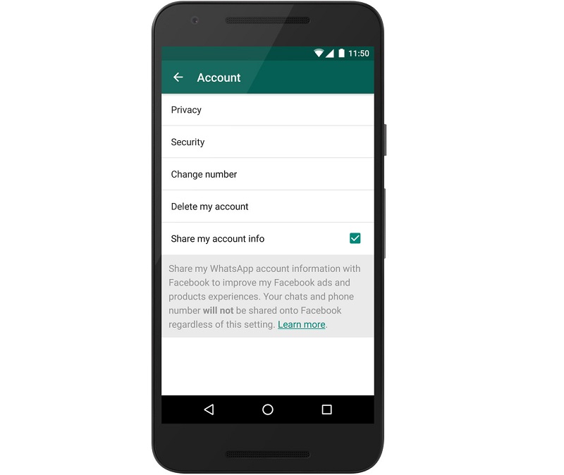 WhatsApp 提供用戶取消傳送資料給 Facebook 的設定(圖/WhatsApp)