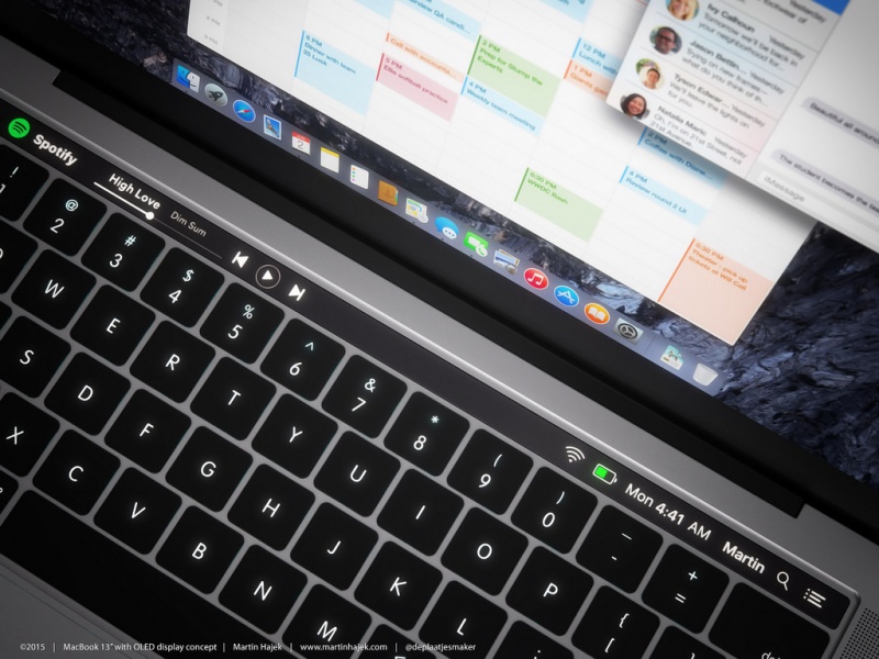 久未更新的 Macbook Pro 筆電可能導入如圖中的 OLED 發光觸控 Bar 設計(圖片來源/擷取自 Martin Hajek網站)