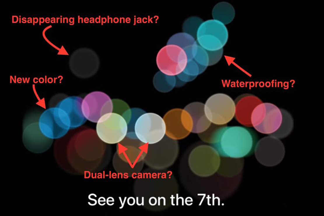 網友流傳雙白點和「See」代表 Apple 將主打雙鏡頭,而左上半透明白點代表 Apple 將會捨棄 3.5 mm 耳機孔、中間的配色代表 iPhone 將會推出新顏色。(圖片來源/Cult Of Mac)