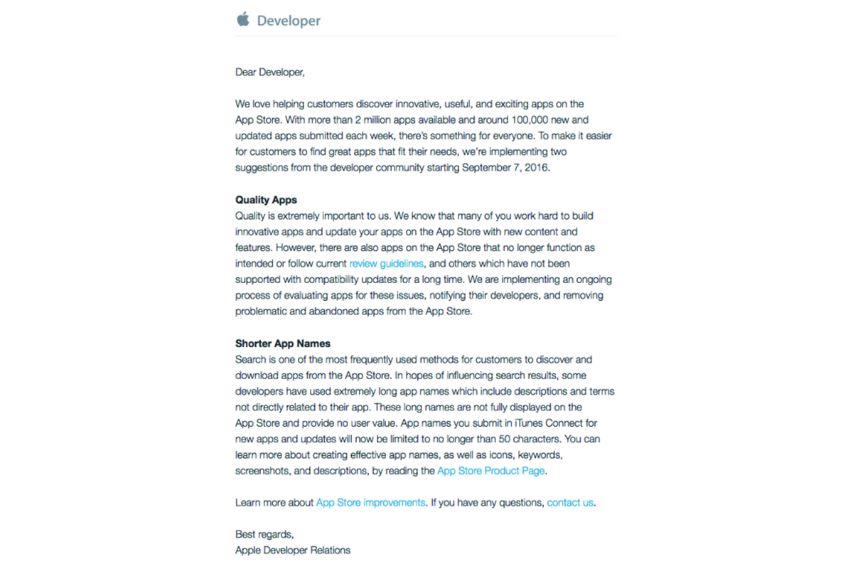 當然 Apple 希望開發者自行更新或是主動移除已經不符 App Store 規訂的 App。(圖片來源/Apple)