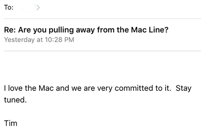 Tim Cook 表示本人也非常喜愛 Mac 電腦,並暗示新的 Mac 系列不久就會發表,希望支持者敬請期待。(圖片來源/BGR)