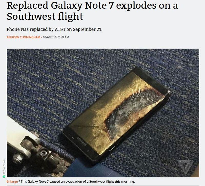 新版 Galaxy Note 7 在 10 月 5 日時於美國西南航空班機上起火引爆(圖/The Verge)