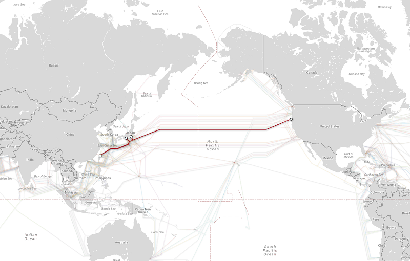 目前多數的太平洋海底電纜是從美國連接到日本,圖為 Google 美國西岸連接到日本的高速海底電纜「Faster」(圖/Google)