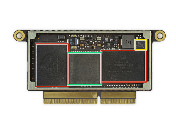 Macbook Pro 採用 SanDisk SDRQKBDC4 064G 64 GB NAND flash memory 以及 Apple 338S00199 SSD controller(圖/iFixit)