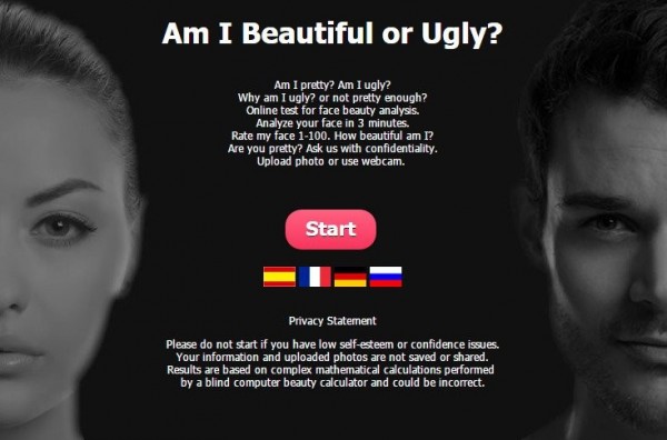 這款名為「Am I Pretty or Ugly」的網頁程式會以人臉的五官比例和間距,從1到100進行評分。(圖截自prettyscale.com)