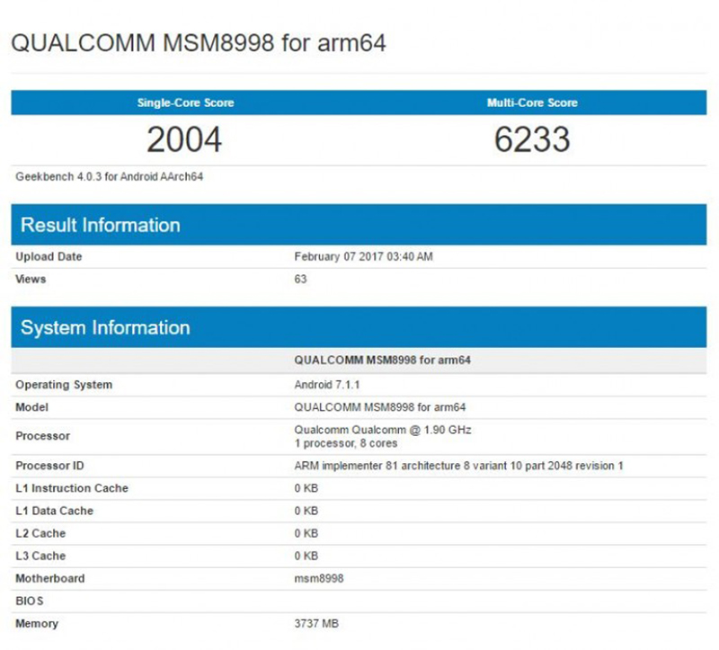 三星 Galaxy S8 處理器 Snapdragon 835 跑分圖。(圖片來源/GSM Arena)