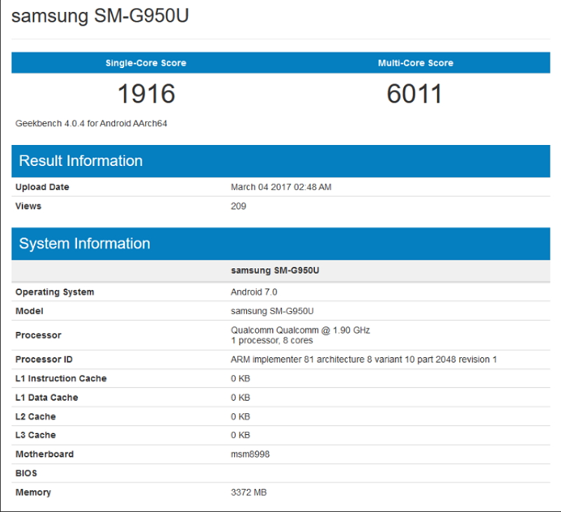 Geekbench 網站流出的 Galaxy S8 跑分(圖/擷取自 PhoneArena)