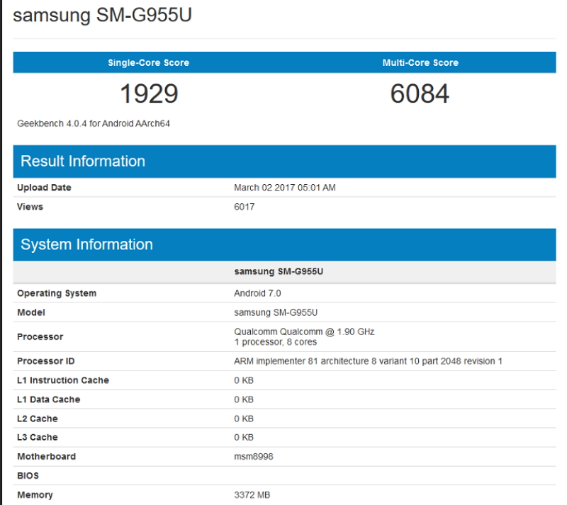 Geekbench 網站流出的 Galaxy S8 Plus 跑分(圖/擷取自 PhoneArena)
