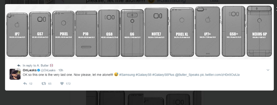 Galaxy S8 與其他旗艦手機大小相比(圖/擷取自 Onleaks Twitter)