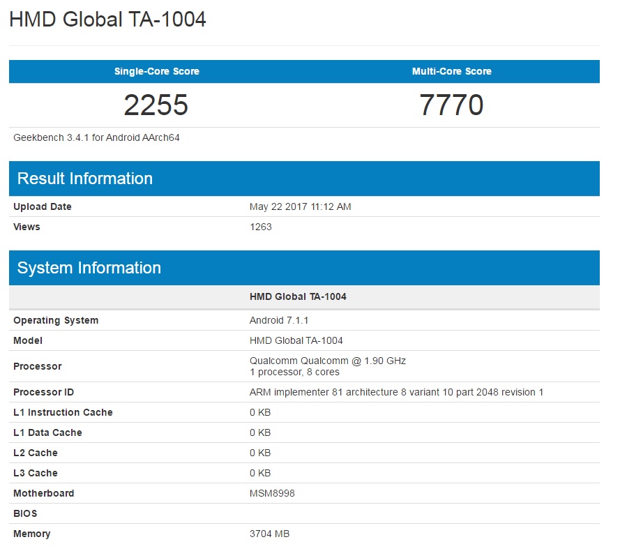 疑似為 Nokia 9搭8GB 版本的跑分。(圖片來源/翻攝自GeekBench)