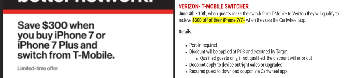 美國最大電信商 Verizon 也火速祭出攜碼優惠,用户從 T-Mobile 攜碼跳槽到 Verizon,即可享有 iPhone 7、iPhone 7Plus 購機現折 300 美元的優惠。(圖擷取自 Verizon)