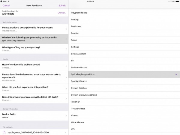 蘋果提供測試人員的回饋App「Feedback」中,出現「Split View/Drag and Drop」(翻攝自Steve T-S推特)