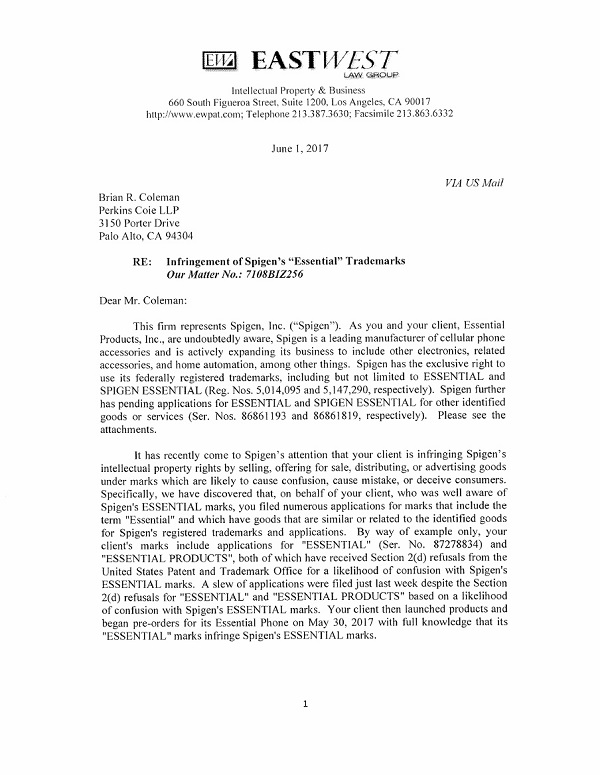 手機配件製造商 Spigen 公司,日前正式發函給 Andy Robin,要求該公司禁止使用「Essential」名稱。(圖/擷取自AndroidPolice)