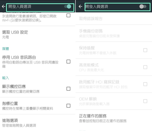 從「設定」進入到「開發人員」,可以看到右上角有開關按鈕,切換為關閉即可。(圖擷取手機畫面)