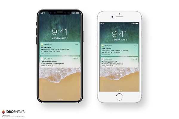 以大改版後的iOS 11系統「控制中心」UI介面作為比較,左圖為iPhone8 渲染圖,右圖為iPhone 7。(圖/擷取自 iDrop News)