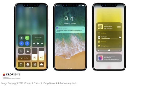 新版iOS 11系統運行於iPhone 8 新機樣貌的渲染圖。(圖/擷取自 iDrop News)