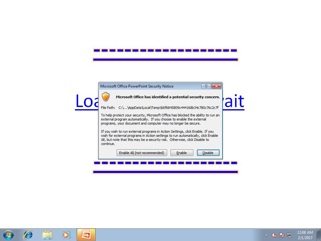 打開含有惡意病毒的檔案後,可以看到畫面中寫著「Loading... Please wait」的字樣(圖片來源/擷取自 TrendMicro 官方部落格)