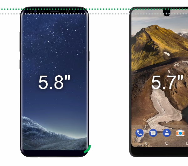 圖右為 5.7吋螢幕的Essential Phone, 圖左為5.8吋螢幕的三星Galaxy S8。(圖翻攝 JasonR Youtube影片)