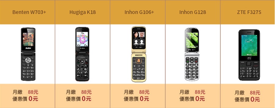 若長輩習慣用按鍵手機的話,中華電信2G升4G購機專案,適合銀髮族長輩的0元按鍵手機有多達7款。(圖/擷取自中華電信emome官網)