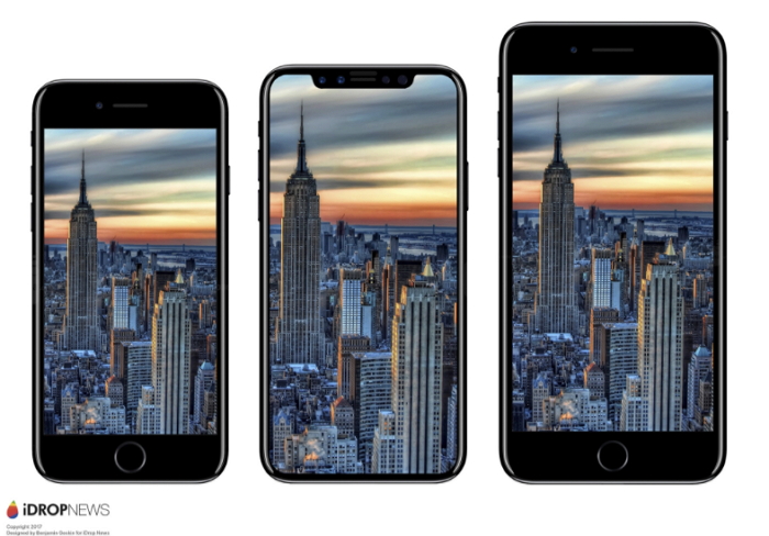 由左至右分別為 iPhone 7、iPhone 8 渲染圖以及 iPhone 7 Plus(圖/擷取自 iDrop News)