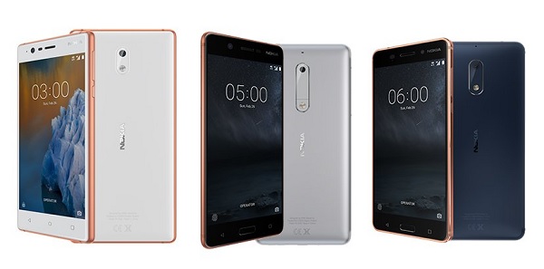 Nokia表示此次與遠傳攜手獨家合作,推出專屬優惠資費購機專案。月付599元,Nokia 5購機優惠價僅要490元;至於Nokia 3購機價則為0元。Nokia 6,月付999,購機只要0元。圖由左至右分別為Nokia 3、Nokia 5、與三月已登台開賣的 Nokia 6。(圖/Nokia)
