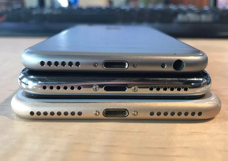 由上至下依序為 4.7吋iPhone 6s、iPhone 8模型機、5.5吋iPhone 7 Plus。(圖片來源/BGR)