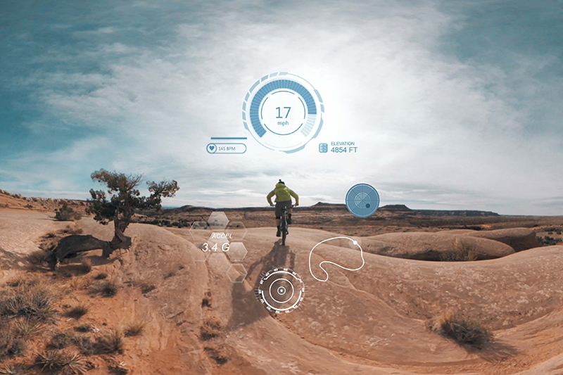 Garmin VIRB360 全景相機可串接 Garmin 戶外產品生態系,將速度海拔與軌跡數據等套疊於全景影像中。(圖片來源/Garmin 提供)