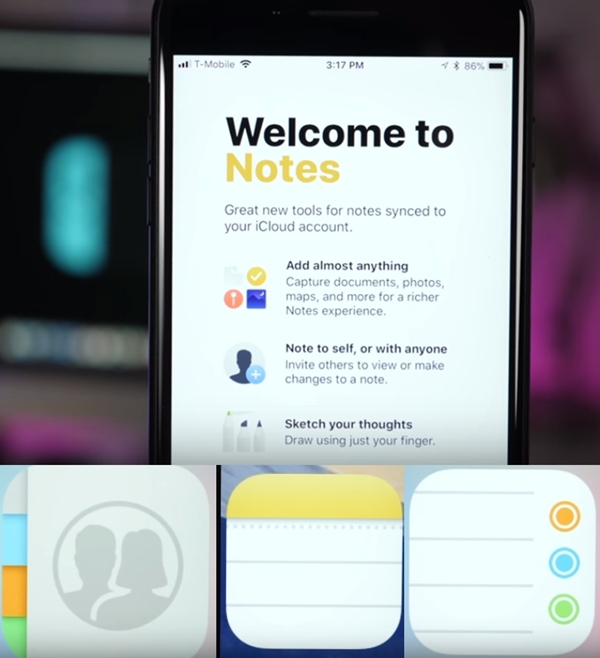 iOS 11系統,備忘錄、聯絡人與提醒事項,這三個小工具都換上新的ICON圖示。(圖翻攝自9to5Mac影片)