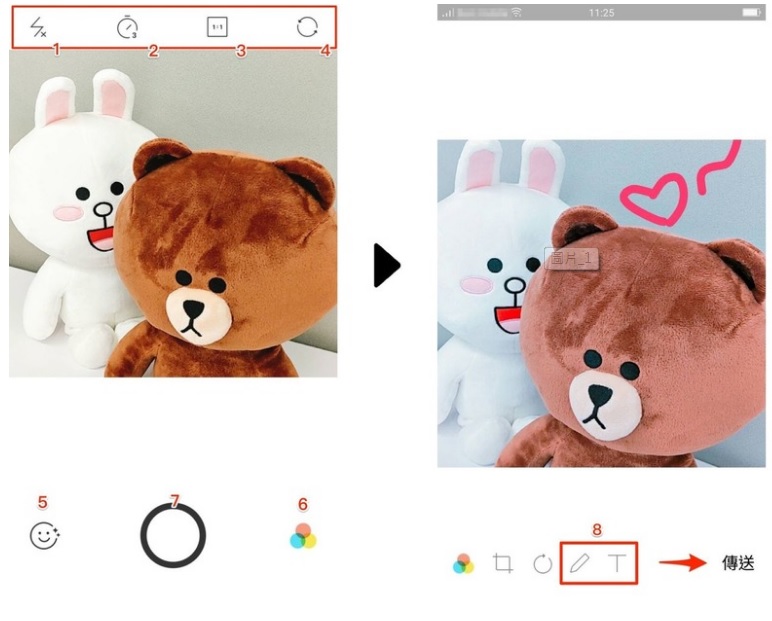 聊天室相機新功能,可以同步套用熱門拍照App「B612」與「Foodie」的人氣濾鏡和特效。(圖/LINE)