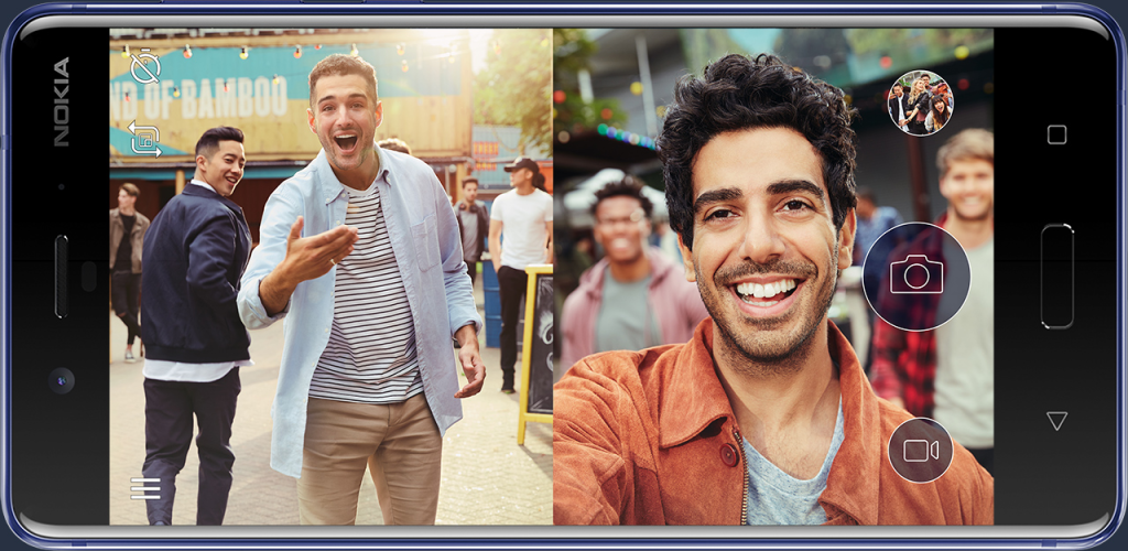 Nokia 8旗艦機，前後3顆蔡司鏡頭，畫素皆為1300萬，並可前後一起直播錄影。 (圖/Nokia)