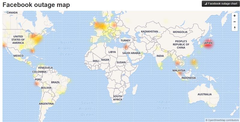 不只台灣，美國、歐洲與日本也傳災情（圖擷取自Downdetector網站） 
