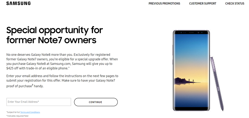 三星 Note 8針對美國原Note7用戶推出的專屬優惠。(圖翻攝美國Samsung官網)