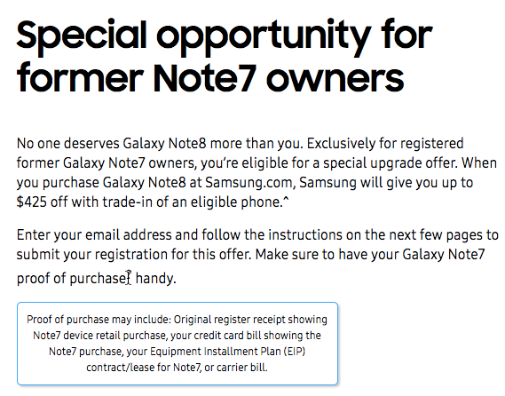 三星 Note 8針對美國原Note7用戶推出的專屬優惠。(圖翻攝CNET)