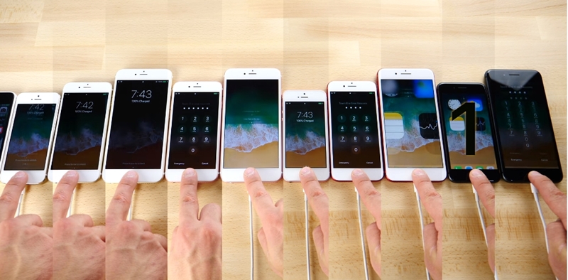 從圖左到圖右依序為:5s、6、6 Plus、6s、6s Plus、SE、7、7 Plus,以及今年的8、8 Plus。(圖片來源/翻攝自 EverythingApplePro YouTube影片)