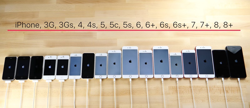 歷代 iPhone一字排開,相當壯觀。最左邊為2G的iPhone元老,最右邊為最新款的iPhone 8 Plus。(圖片來源/翻攝自 EverythingApplePro YouTube影片)