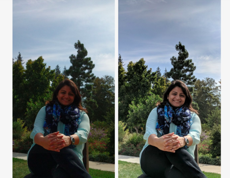 左圖是在 Pixel 2 上，用不支援 HDR+ 的第三方拍照 App 拍攝，右圖則是以 Pixel Visual Core 執行  HDR+ 的原生相機拍攝（圖／翻攝自 Google 部落格）