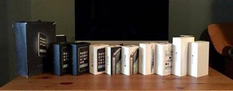 國外果粉checkMarshal,在國外知名論壇Reddit,展示了他從第一代iPhone、到iPhone 6 Plus,所收集的包裝盒。由此也可看出蘋果包裝盒歷代的改良。(圖/Apple提供)
