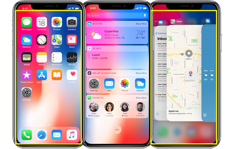 iPhone X 的實際顯示區域其實僅在黃框內,劉海兩側主要用來顯示狀態列,因此實際可用空間只比 4.7 吋的 iPhone 8 大一些(圖/翻攝自蘋果官網)