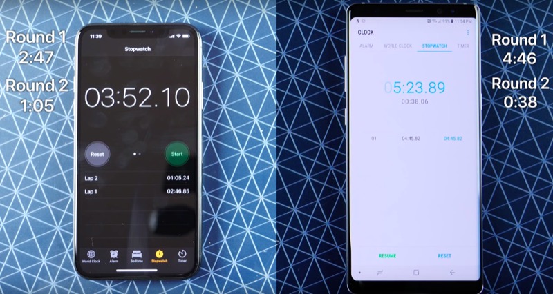 另一項測試則顯示 iPhone X 能用更快的速率跑完指定的 App 操作（圖／翻攝自 YouTube）

