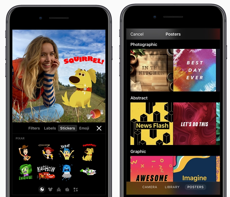 蘋果全新大改版的 Clips 影片錄製 App,加入大量豐富的濾鏡、貼圖、動畫海報等新功能,可透過App Store免費下載。(圖Apple提供)