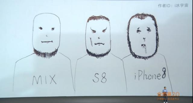 小米的雷軍曾用這張圖來描述自家小米 Mix 2、S8、以及 iPhone X,讓窄邊框的 S9 像是剔了鬍子(圖/翻攝自微博)