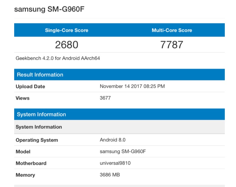 傳聞中 S9 的跑分(圖/翻攝自 Geekbench)